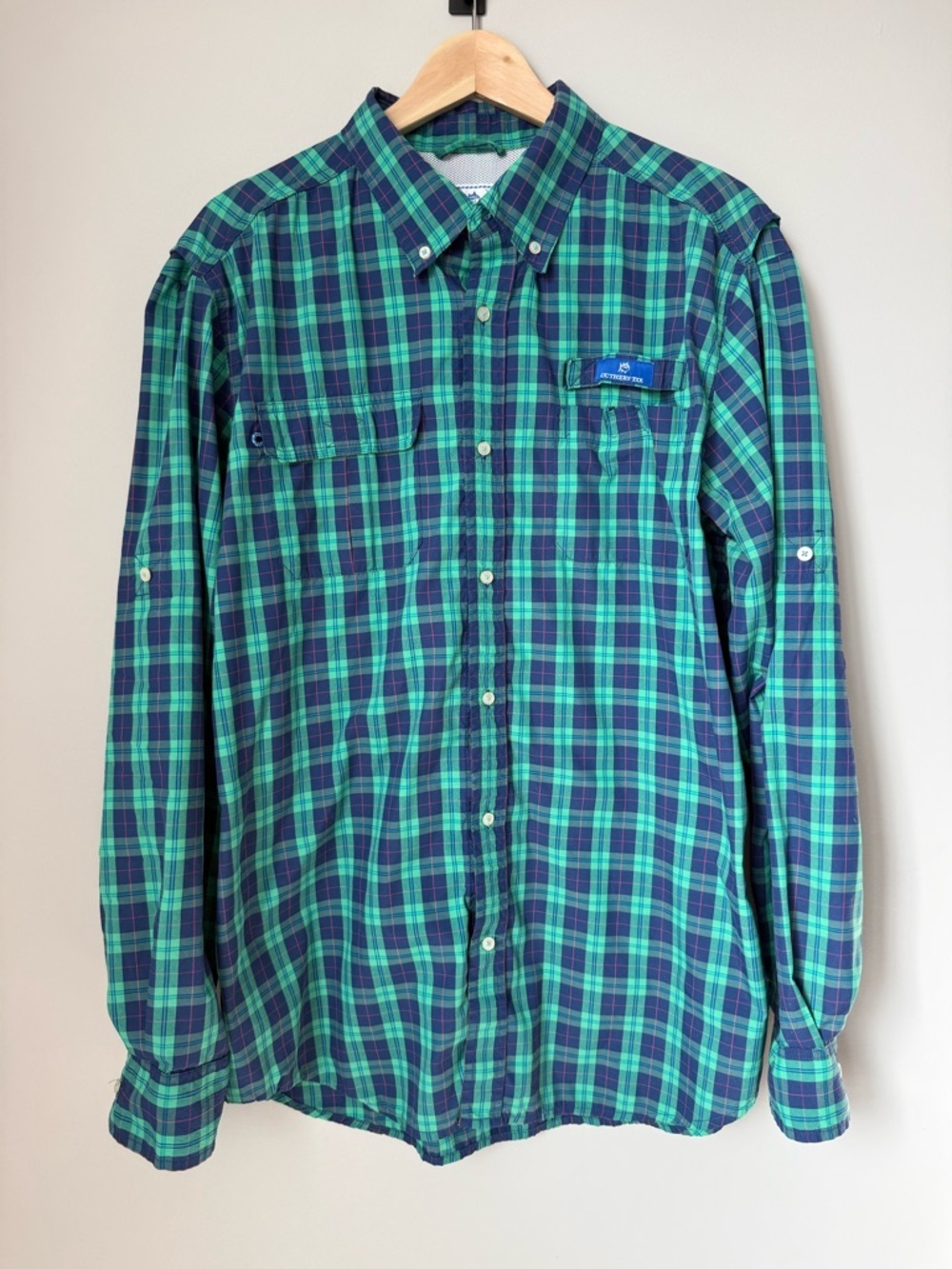 Southern Tide Vented Men's Green & Blue Plaid Fishing Outdoor Button-Down Shirt